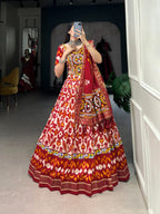 Lorenvalley Red Tussar Silk Patola Print With Foil Work And Original Mirror Gamthi Lace Lehenga Choli with Dupatta | Grocsy