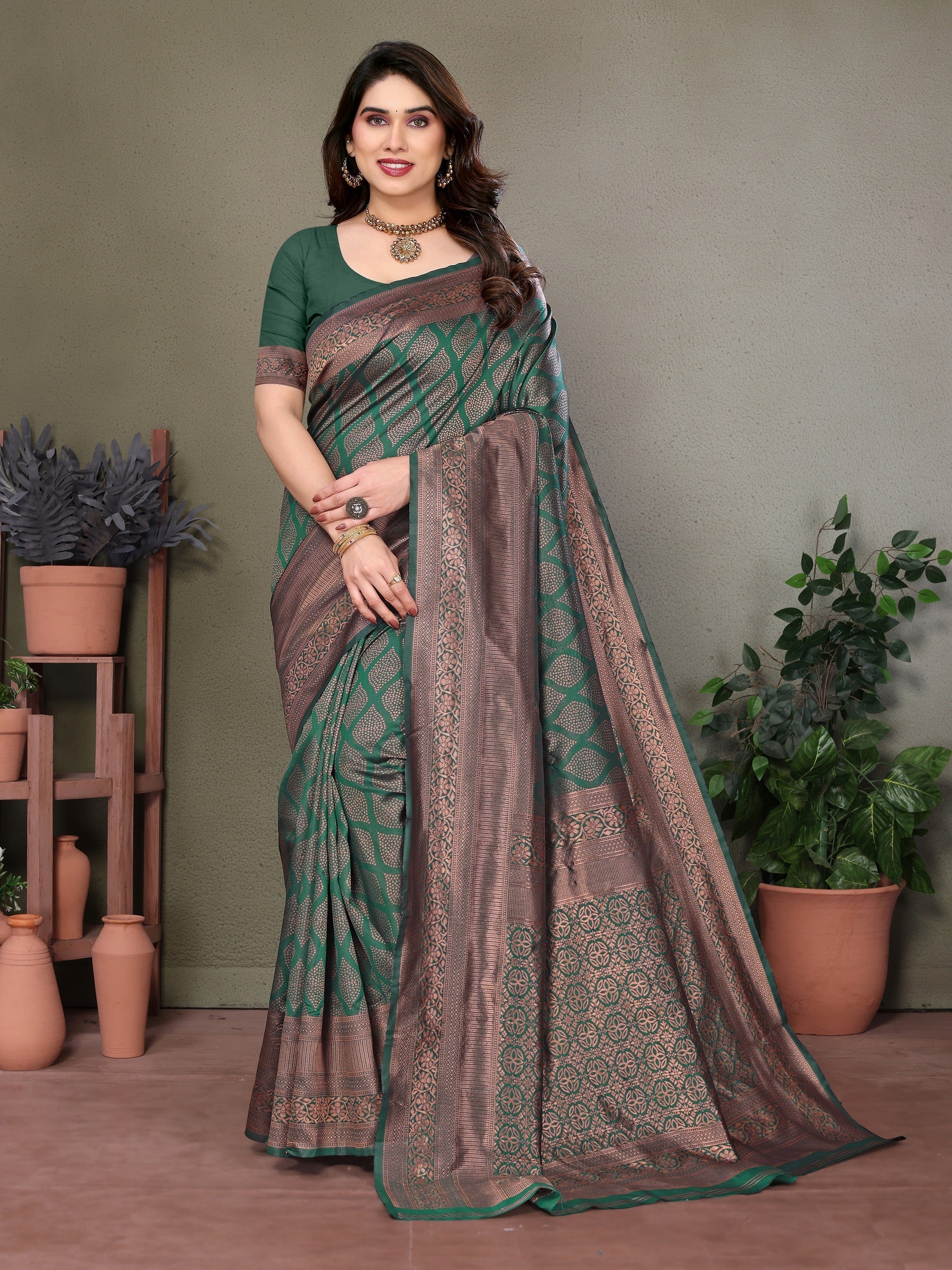Vedant Vastram Litchi Silk Banarasi Silk Saree - Bottle Green | Grocsy