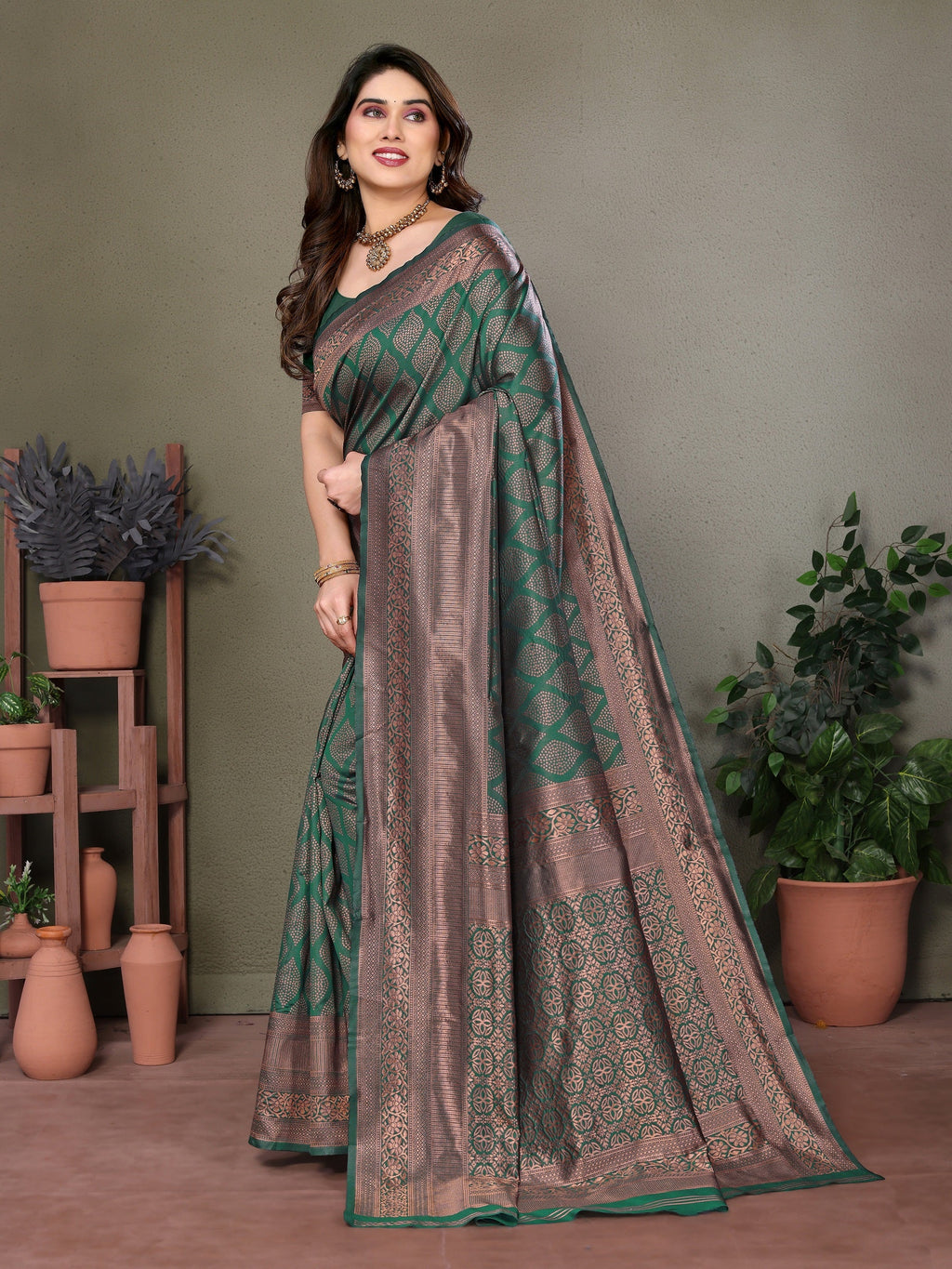 Vedant Vastram Litchi Silk Banarasi Silk Saree - Bottle Green | Grocsy