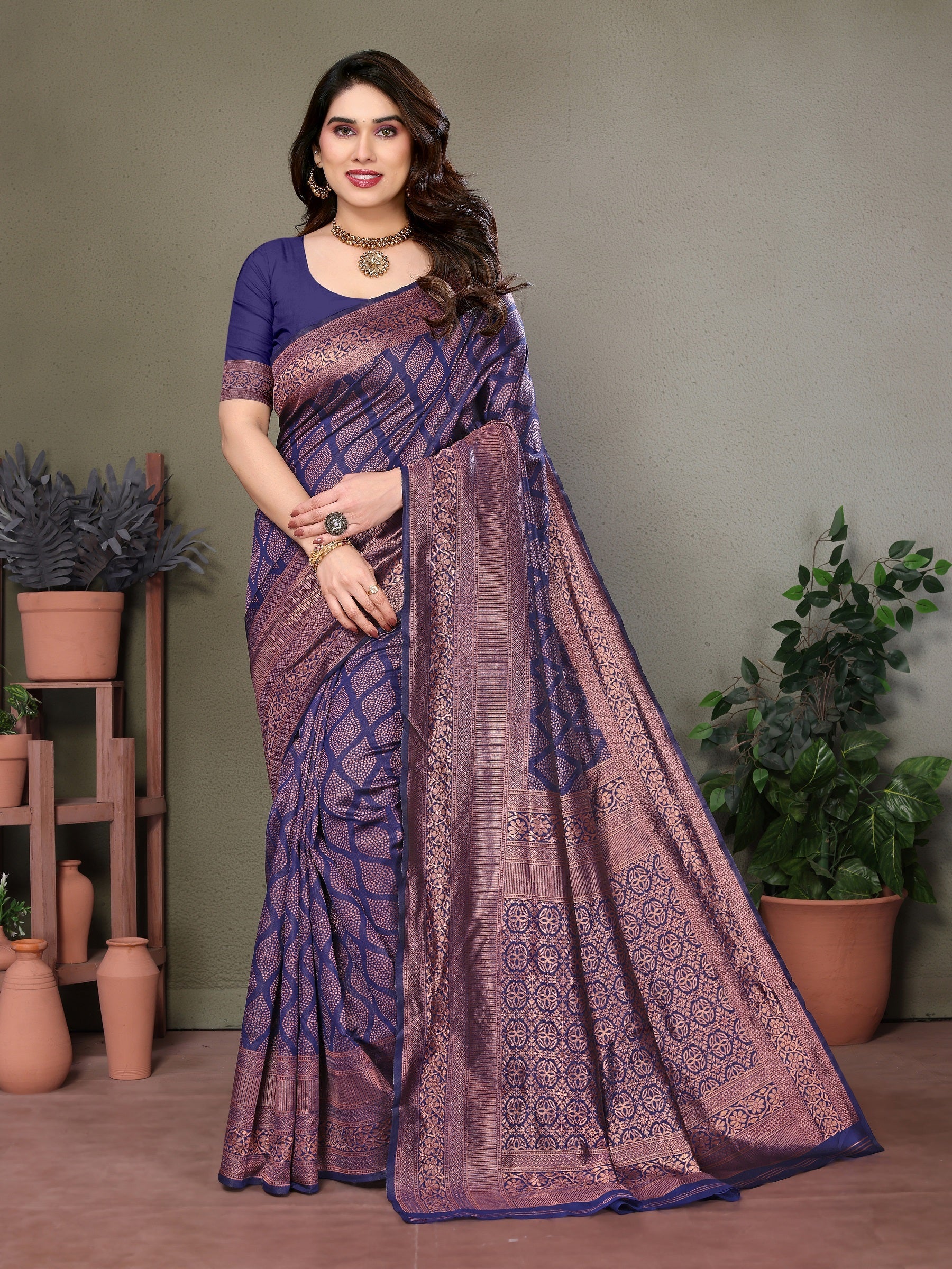 Vedant Vastram Litchi Silk Banarasi Silk Saree - Navy | Grocsy