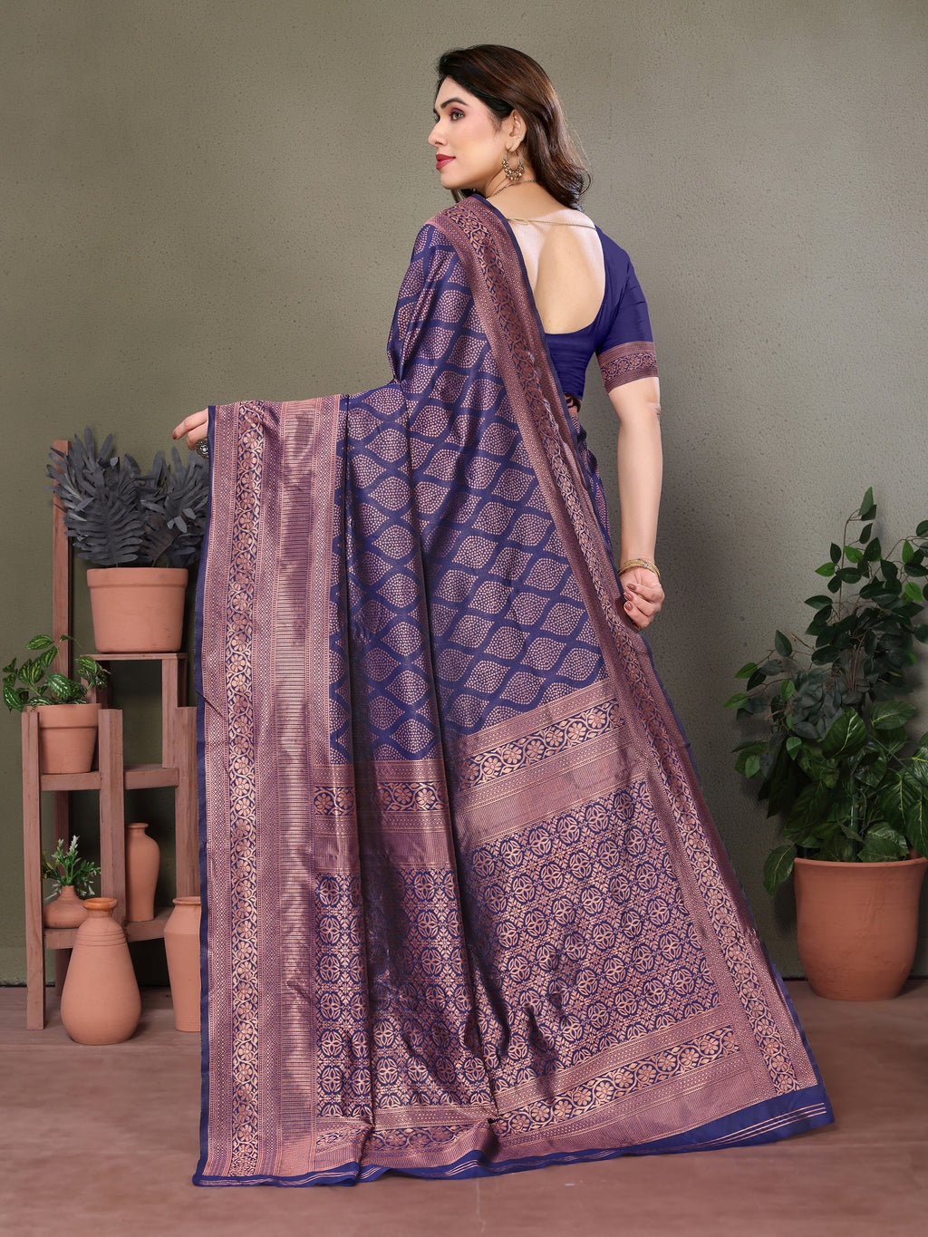Vedant Vastram Litchi Silk Banarasi Silk Saree - Navy | Grocsy