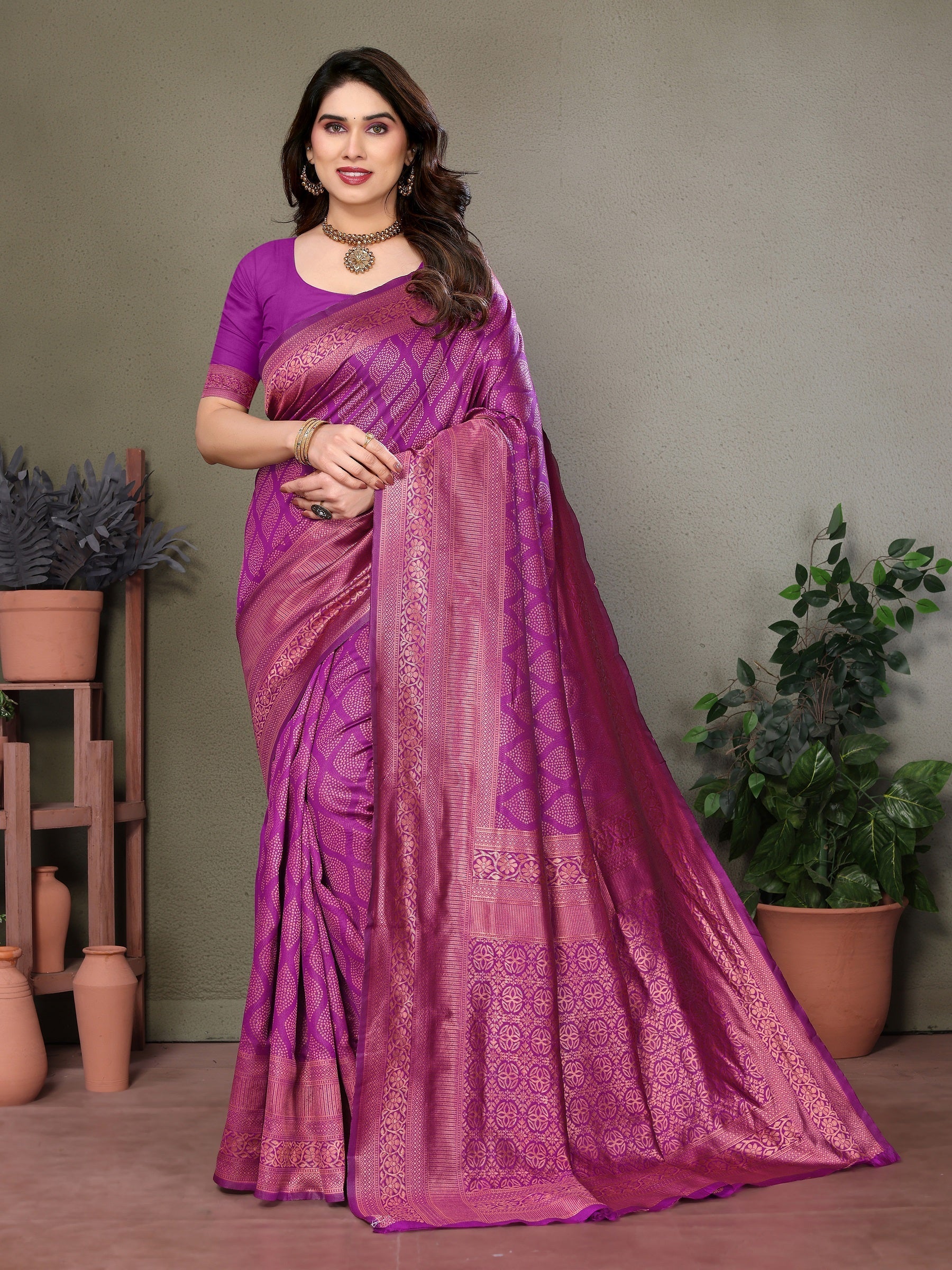 Vedant Vastram Litchi Silk Banarasi Silk Saree - Purple | Grocsy