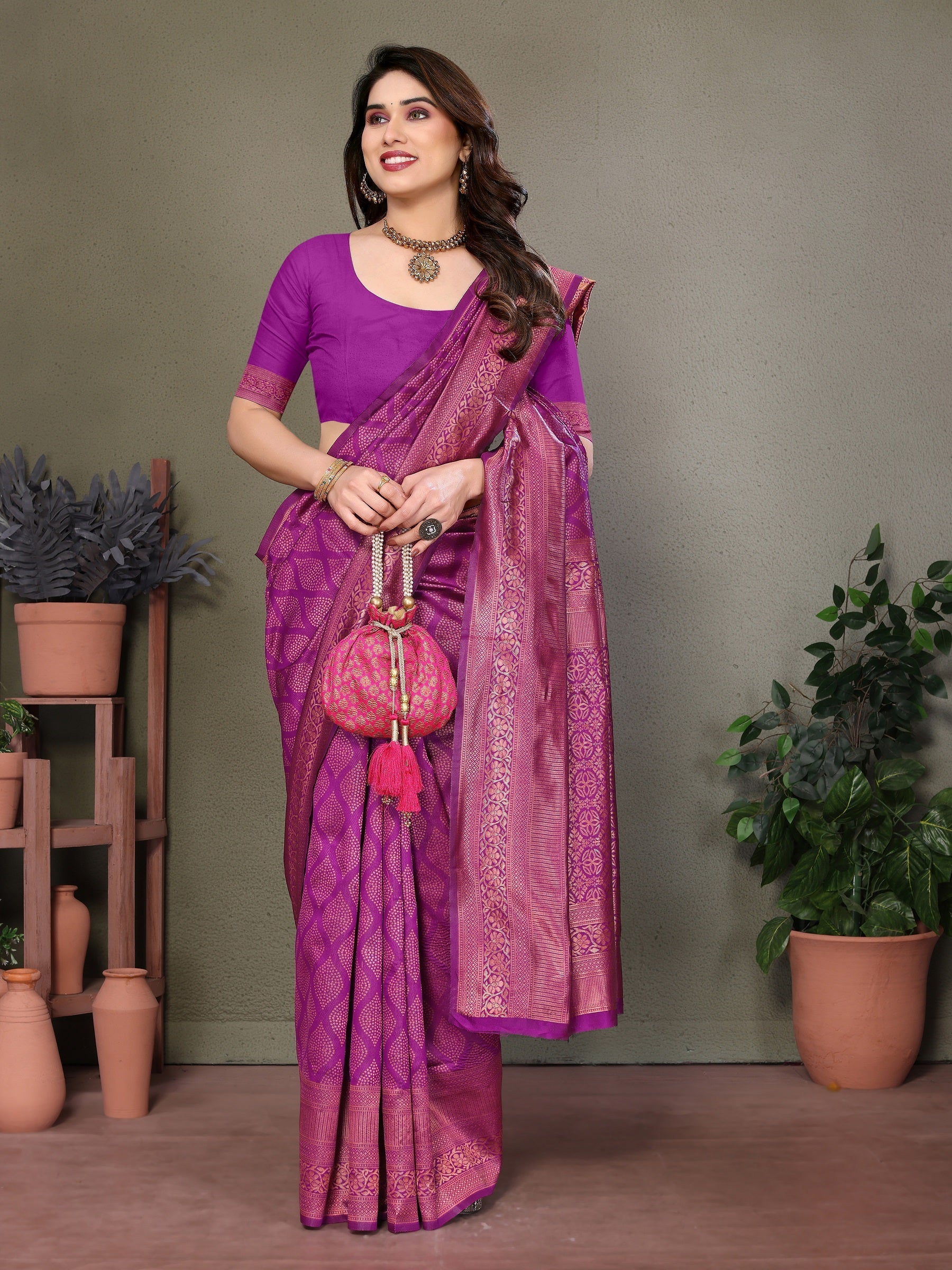 Vedant Vastram Litchi Silk Banarasi Silk Saree - Purple | Grocsy