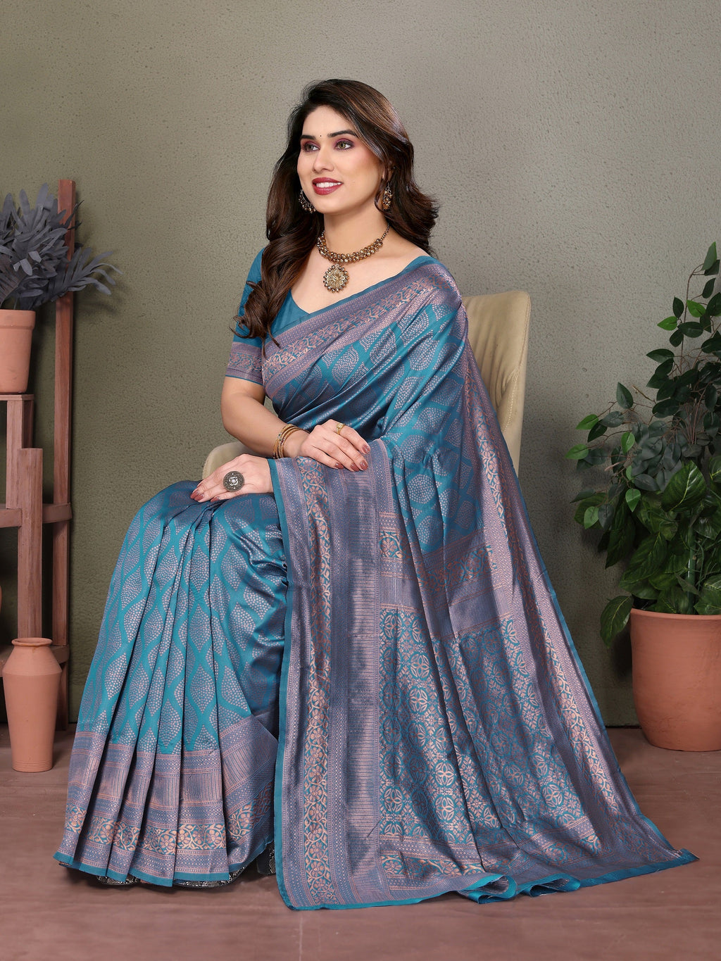 Vedant Vastram Litchi Silk Banarasi Silk Saree - Rama | Grocsy