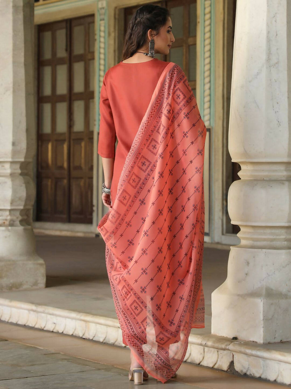 Juniper Women's Rust Silk Solid Embroidered Kurta Set | Grocsy