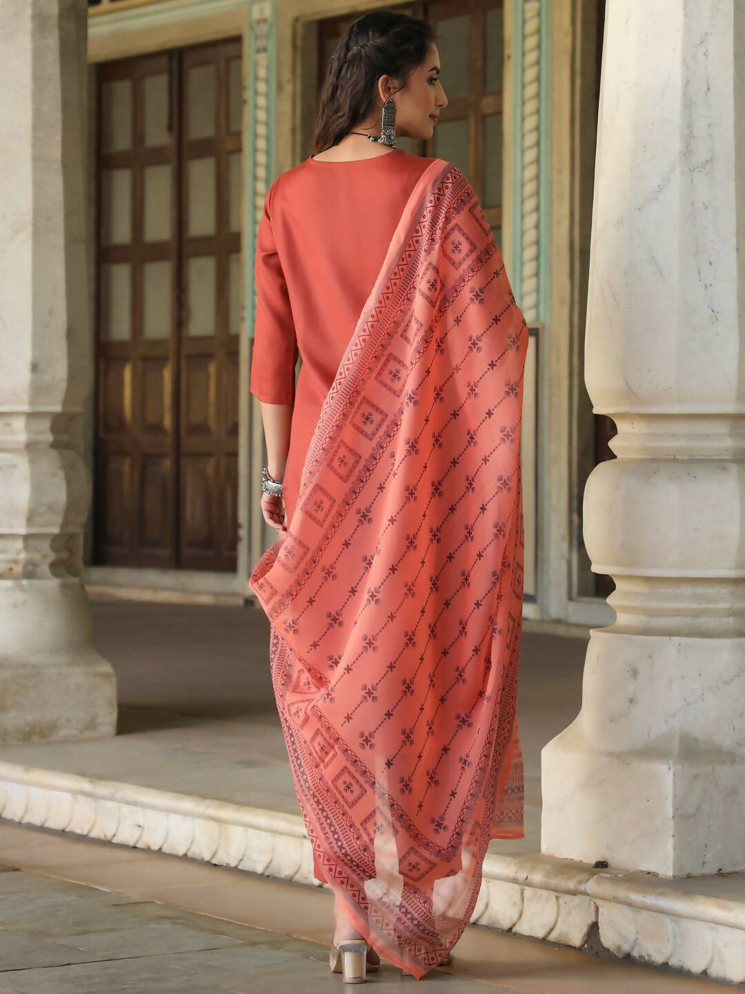 Juniper Women's Rust Silk Solid Embroidered Kurta Set | Grocsy