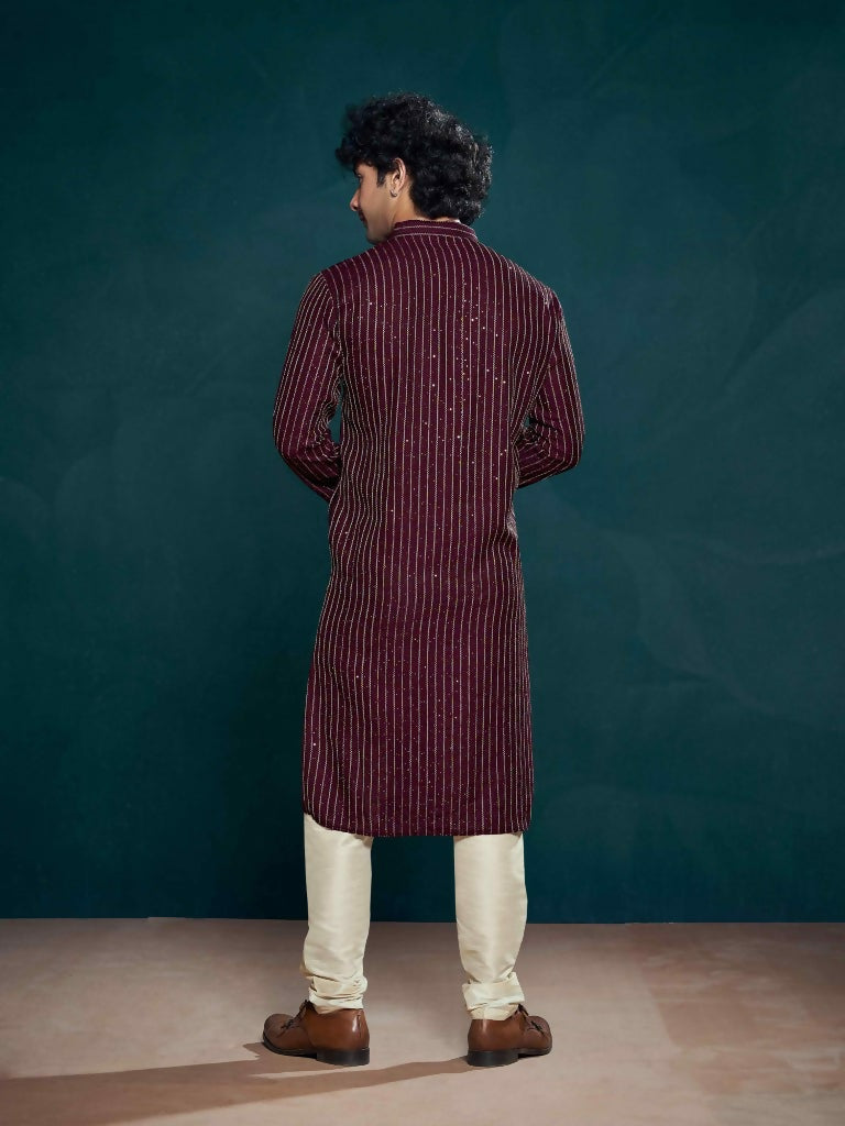 Wine Viscose Designer Sequance Embroidery Work Men's Kurta Set - Mahotsav | Grocsy
