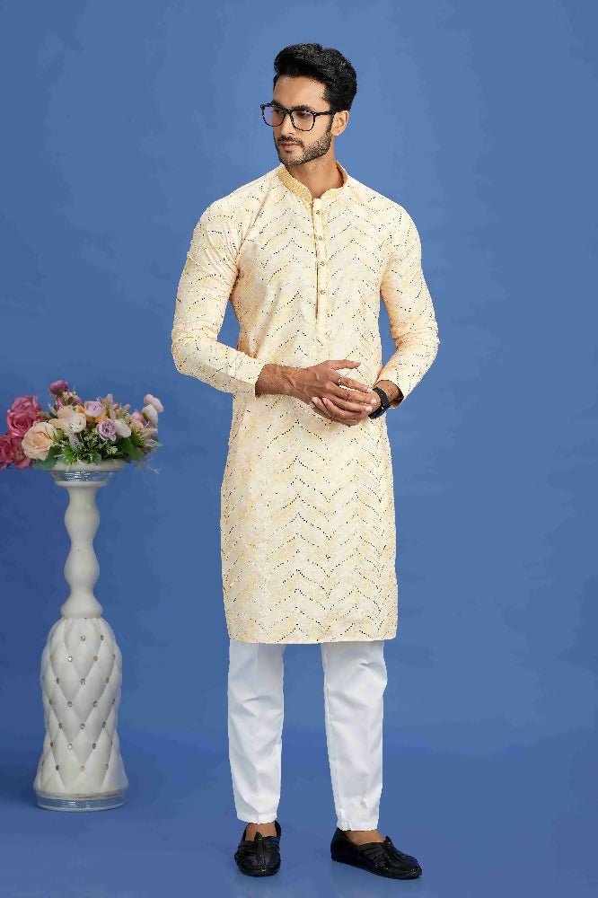 Raivat Ethnic Cotton Embroidery Kurta Pajama In Yellow Colour | Grocsy