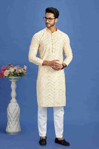 Raivat Ethnic Cotton Embroidery Kurta Pajama In Yellow Colour | Grocsy
