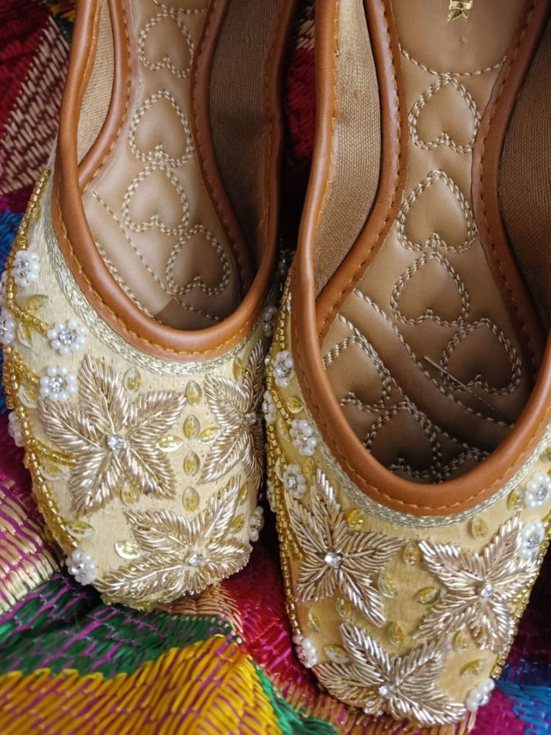 Desi Colour Women Indian Ethnic Footwear-Gold Dabka Flower | Grocsy