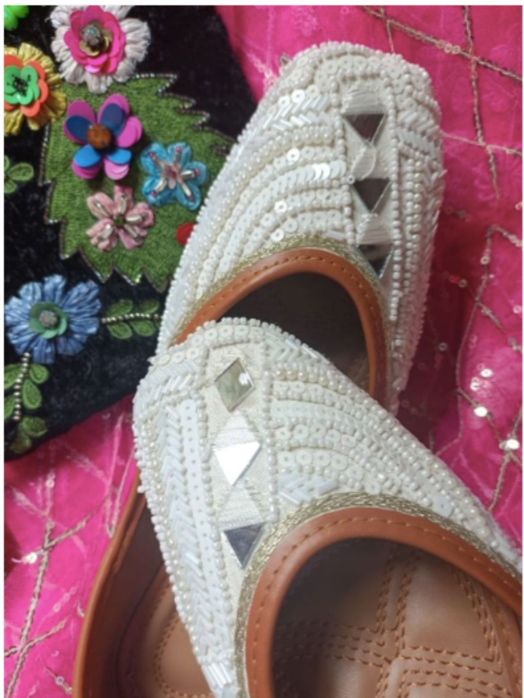 Desi Colour Women Indian Ethnic Footwear-White Mirror Emb | Grocsy