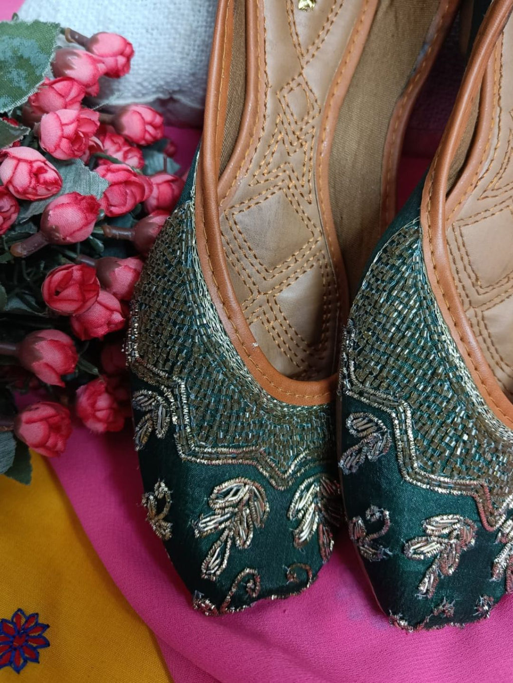Desi Colour Women Indian Ethnic Footwear-Party Wear Green Dabka Work | Grocsy