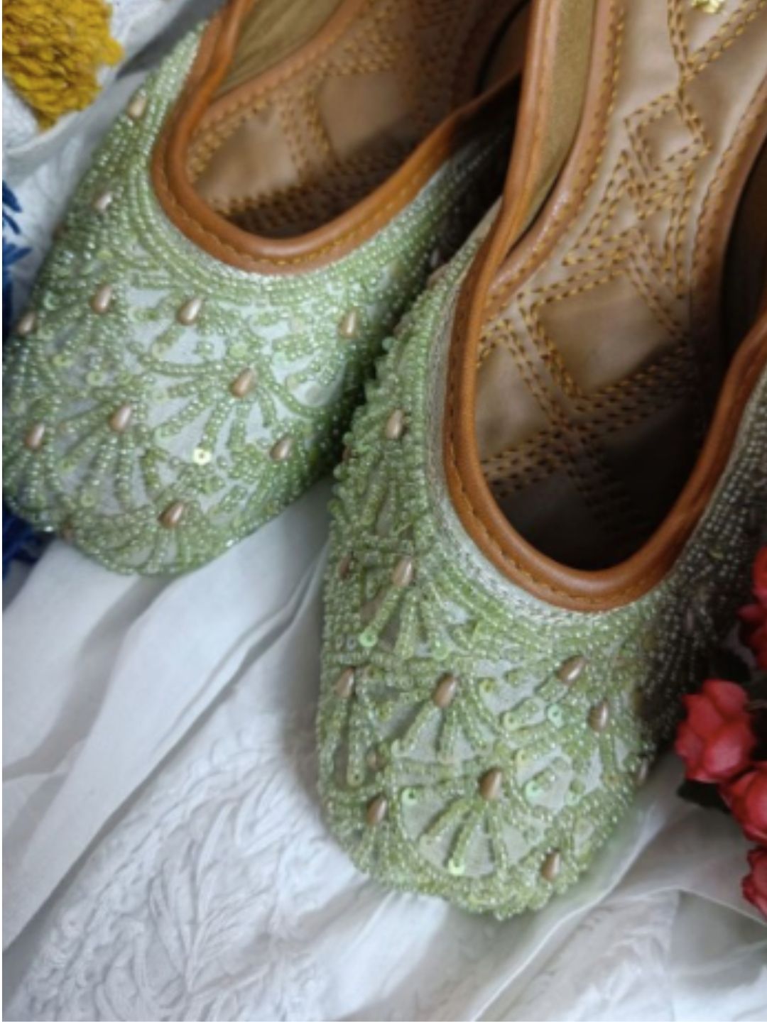 Desi Colour Women Indian Ethnic Footwear-Sea Green Pearl Web | Grocsy