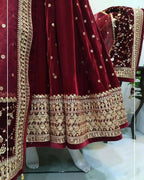 Vastranavya Wine Viscose Velvet Sequence Embroidery Work Gown Dupatta With Belt | Grocsy