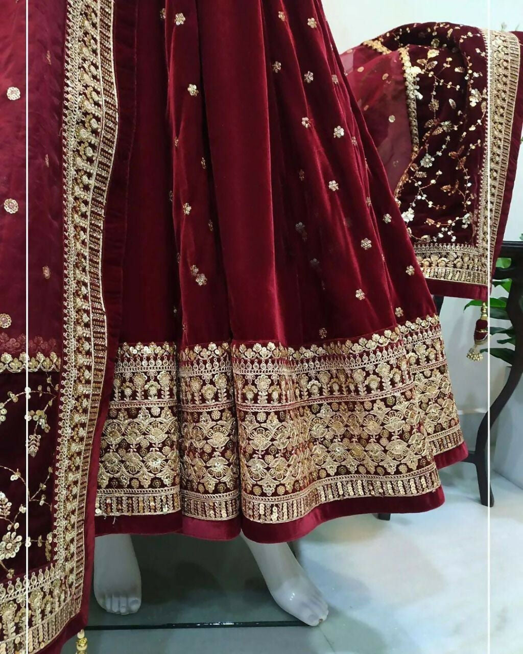 Vastranavya Wine Viscose Velvet Sequence Embroidery Work Gown Dupatta With Belt | Grocsy
