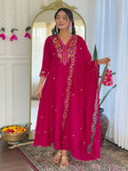 The52 Rani Women's Beautiful Embroidered Work Vichitra Silk Fabric Straight Kurta Pant and Dupatta Set | Grocsy
