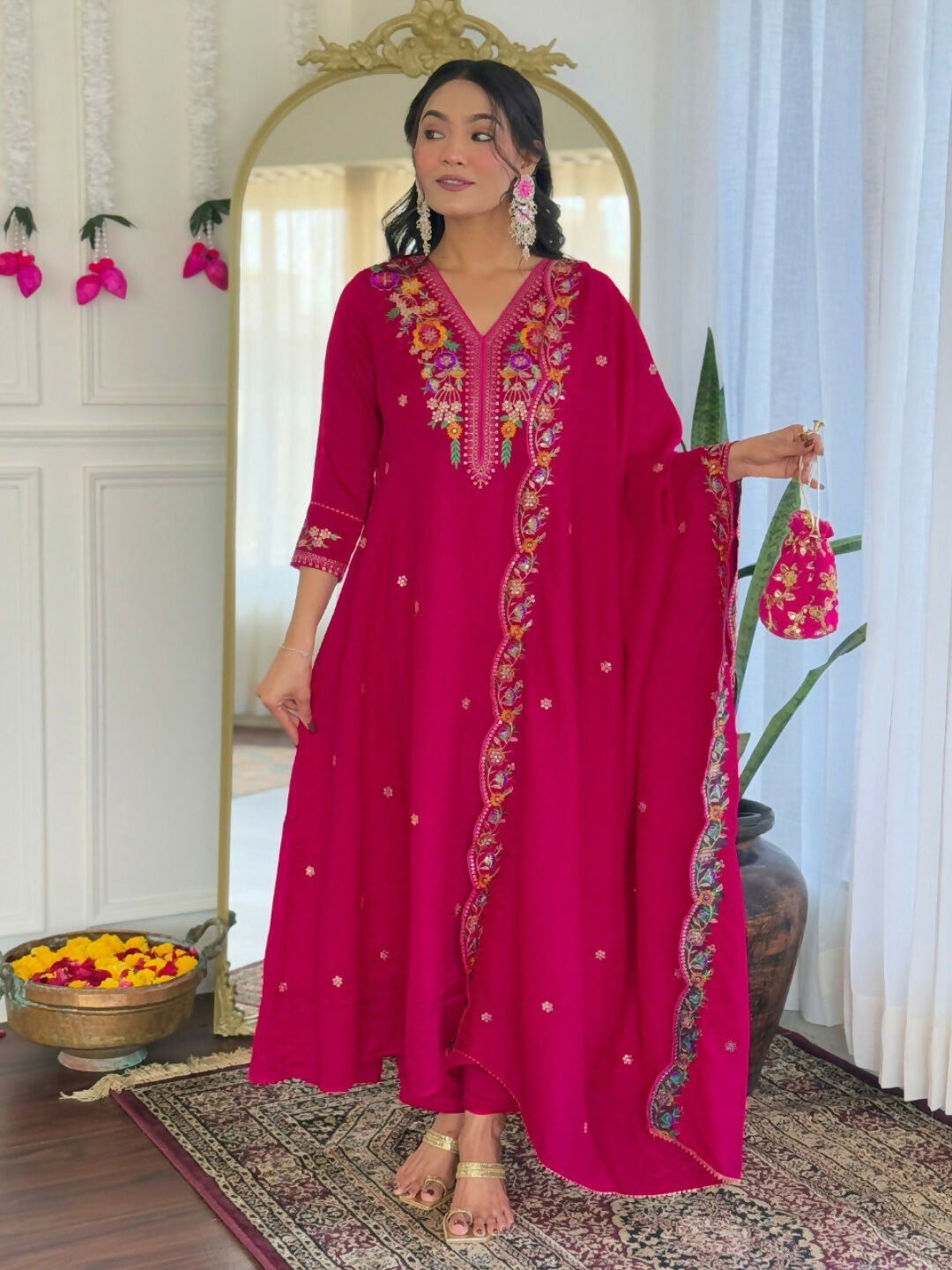 The52 Rani Women's Beautiful Embroidered Work Vichitra Silk Fabric Straight Kurta Pant and Dupatta Set | Grocsy
