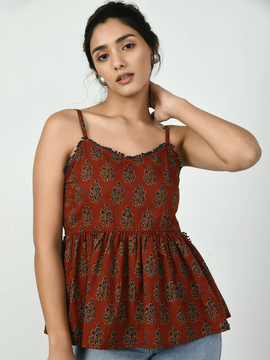 Myshka Women's Rust Ethnic Motifs Printed Top | Grocsy