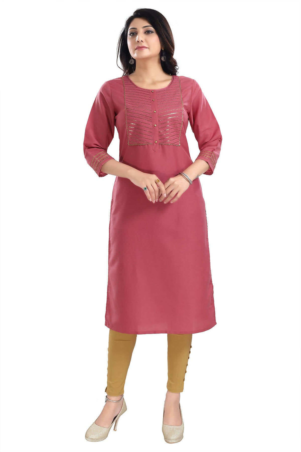 Snehal Creations Gorgeous Coral Art Silk Designer Long Kurti Tunic With Sequines Embroidery | Grocsy