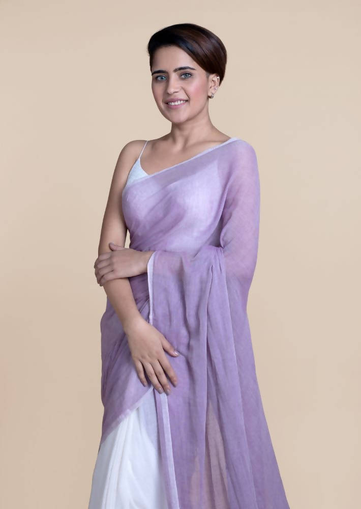 Suta Women Lavender And White Mul Cotton Saree | Grocsy