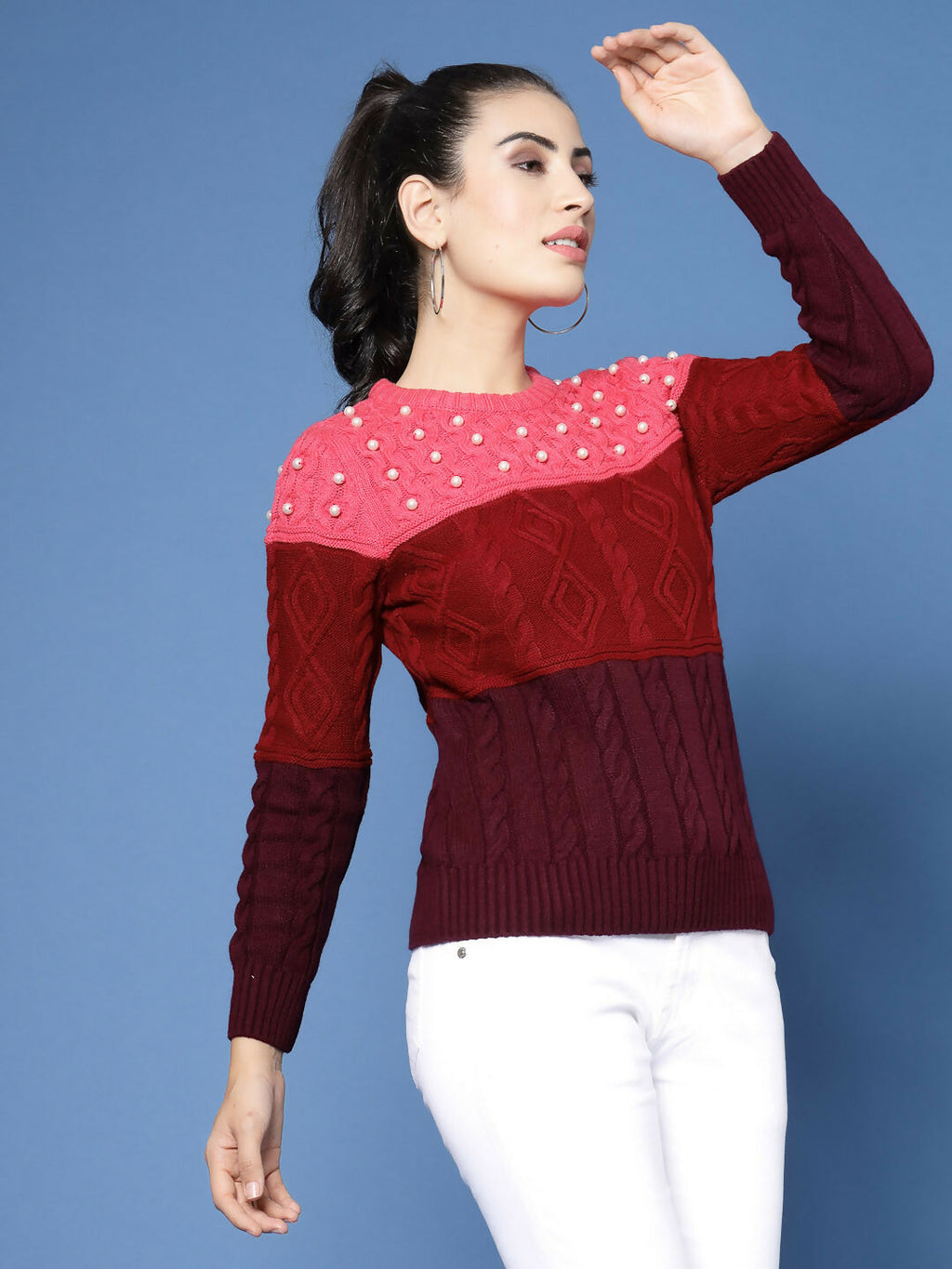Women Color Block Marron Acrylic Winter Sweater - Wool Trees | Grocsy
