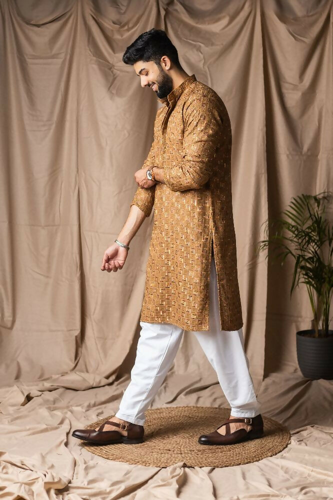 Occur Yellow Rayon Thread Embroidery Work Kurta Set - Mahotsav | Grocsy
