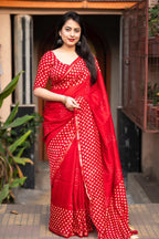 Red Pure Chanderi Hand Block Saree with Unstitched Blouse - Hiral Fashion | Grocsy