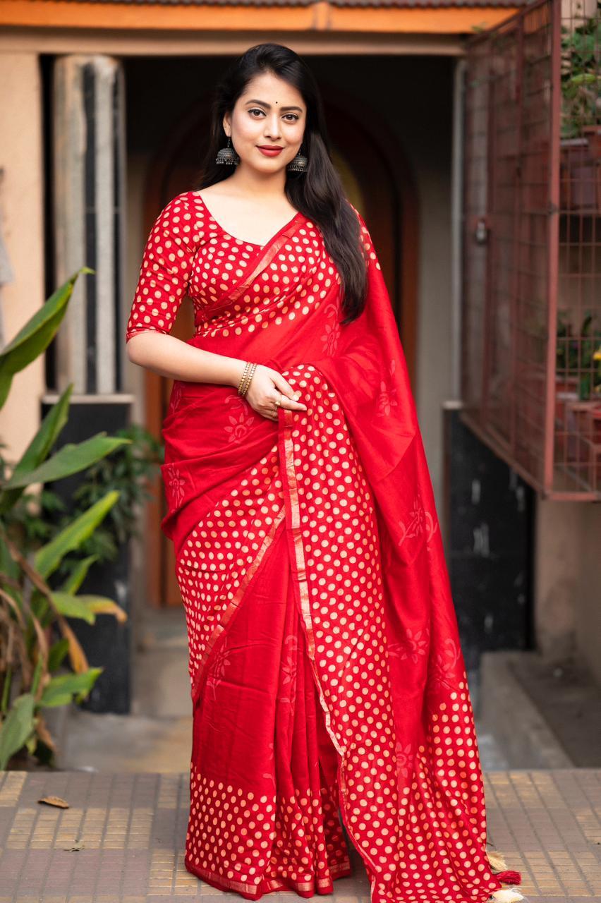 Red Pure Chanderi Hand Block Saree with Unstitched Blouse - Hiral Fashion | Grocsy