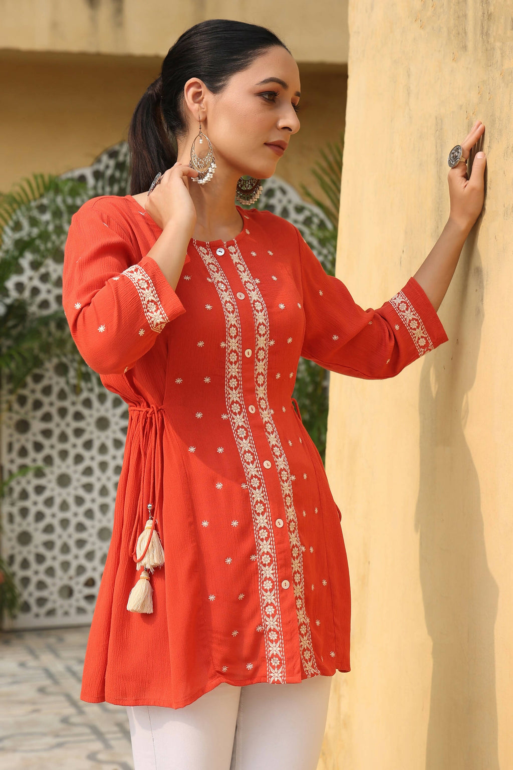 Juniper Women's Orange Rayon Crepe Embroidered Tunic | Grocsy