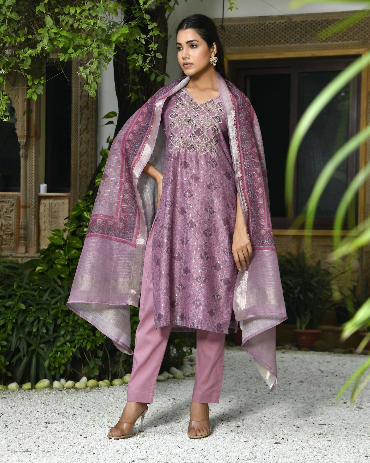 Vaasva Women's Chanderi Printed Suit Set With Pant And Printed Dupatta | Grocsy
