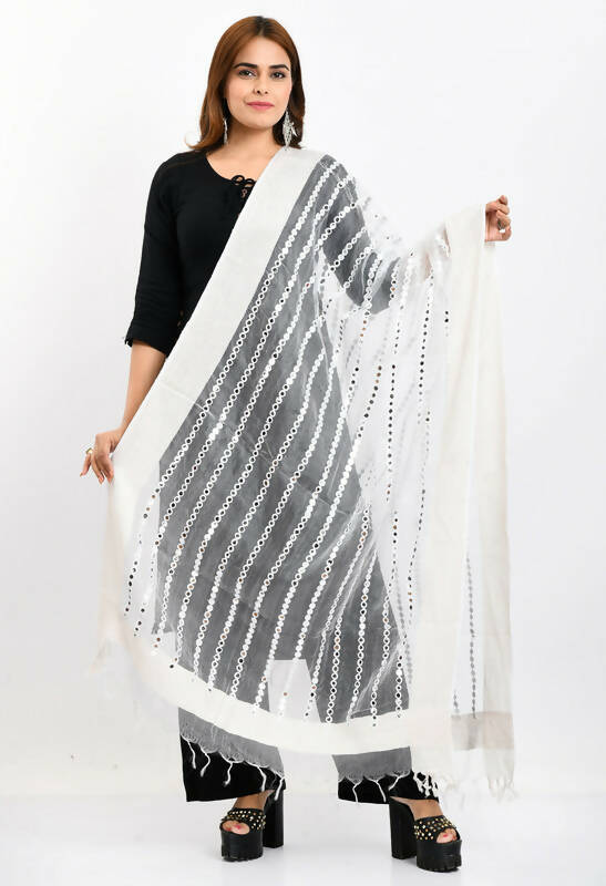 Mominos Fashion Moeza Women's Orgenza Mirror Stripe Thread Work White Dupatta | Grocsy