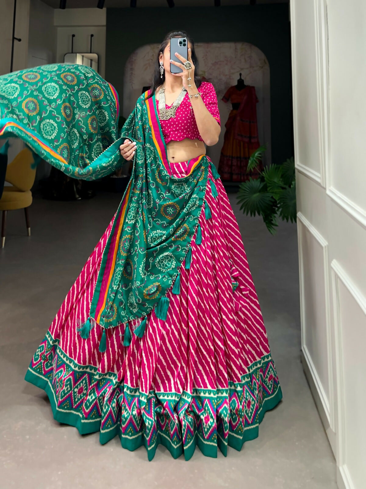 Vastranavya Cultural Leheriya With Patola Print Border Tussar Silk Lehenga Choli - Pink | Grocsy