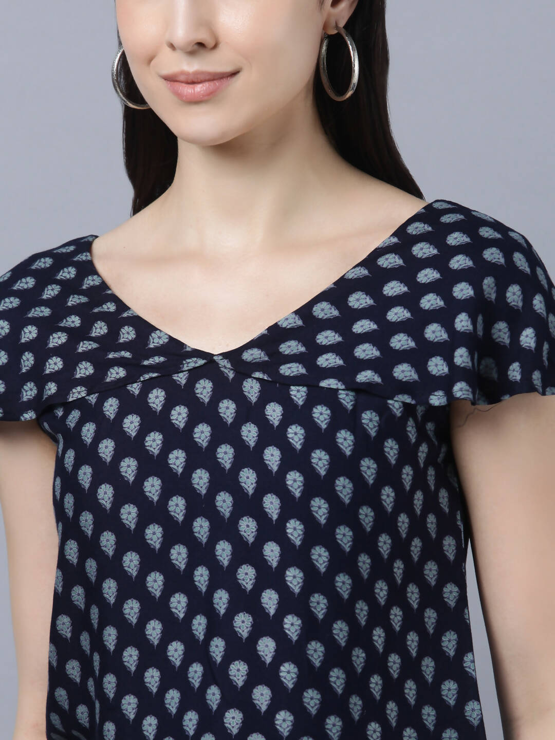 Myshka Women Navy Blue Ethnic Motifs Printed Pure Cotton Top with Palazzos | Grocsy