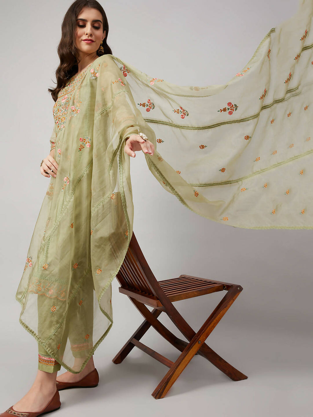 Green Organza Embroidered Kurta with Bottom & Dupatta - Salimar | Grocsy