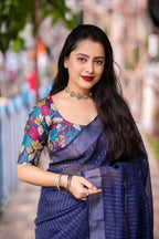Nblue Linen Sequence Saree with Unstitched Blouse - Hiral Fashion | Grocsy