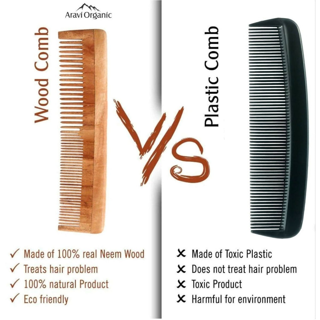 Aravi Organic Neem Wood Comb Fine and Wide Tooth | Grocsy
