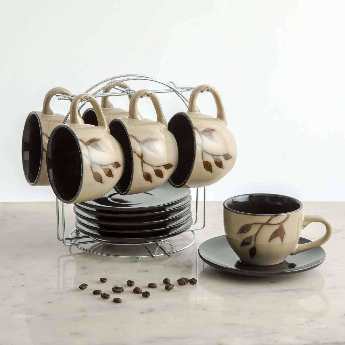 Home Centre Caraway Cup and Saucer- Set of 13 Pcs - 220 ml - Brown | Grocsy