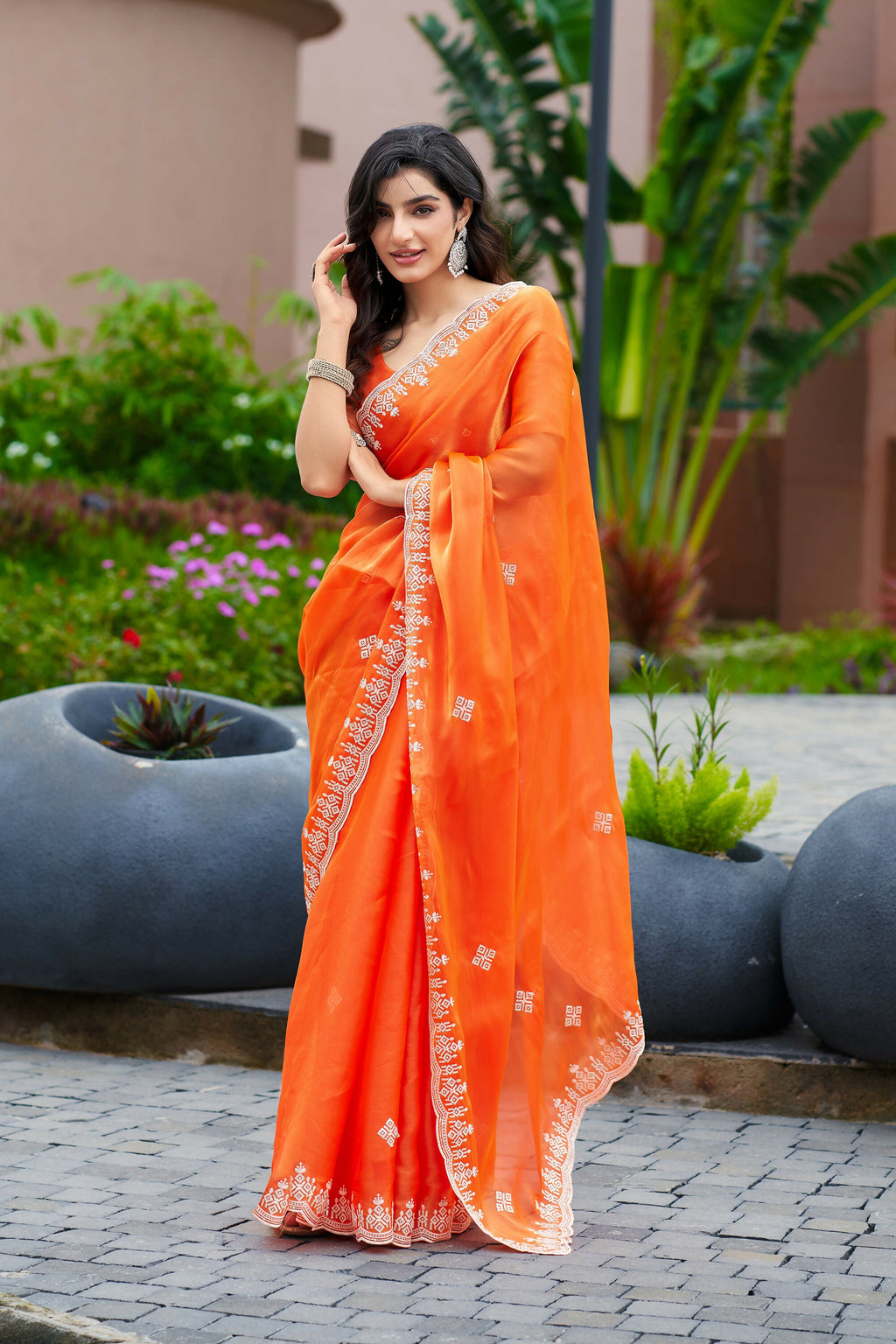 Vastranavya Orange Embroidery Work Shimmer Chiffon Saree with Unstitched Blouse | Grocsy