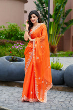 Vastranavya Orange Embroidery Work Shimmer Chiffon Saree with Unstitched Blouse | Grocsy