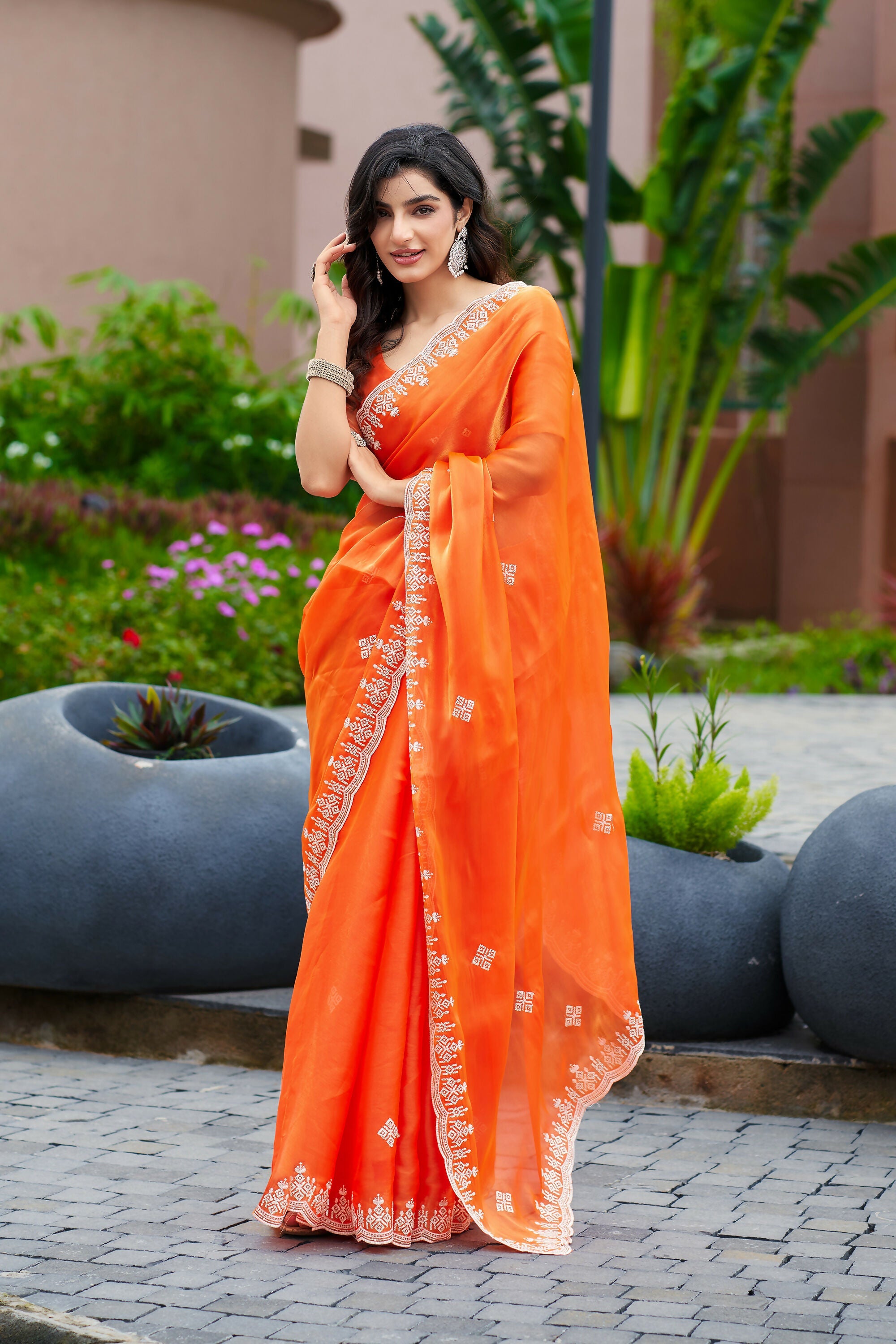 Vastranavya Orange Embroidery Work Shimmer Chiffon Saree with Unstitched Blouse | Grocsy