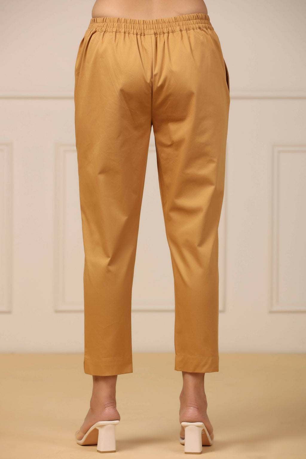 Juniper Women's Gold Cotton Twill Lycra Solid Straight Pant | Grocsy