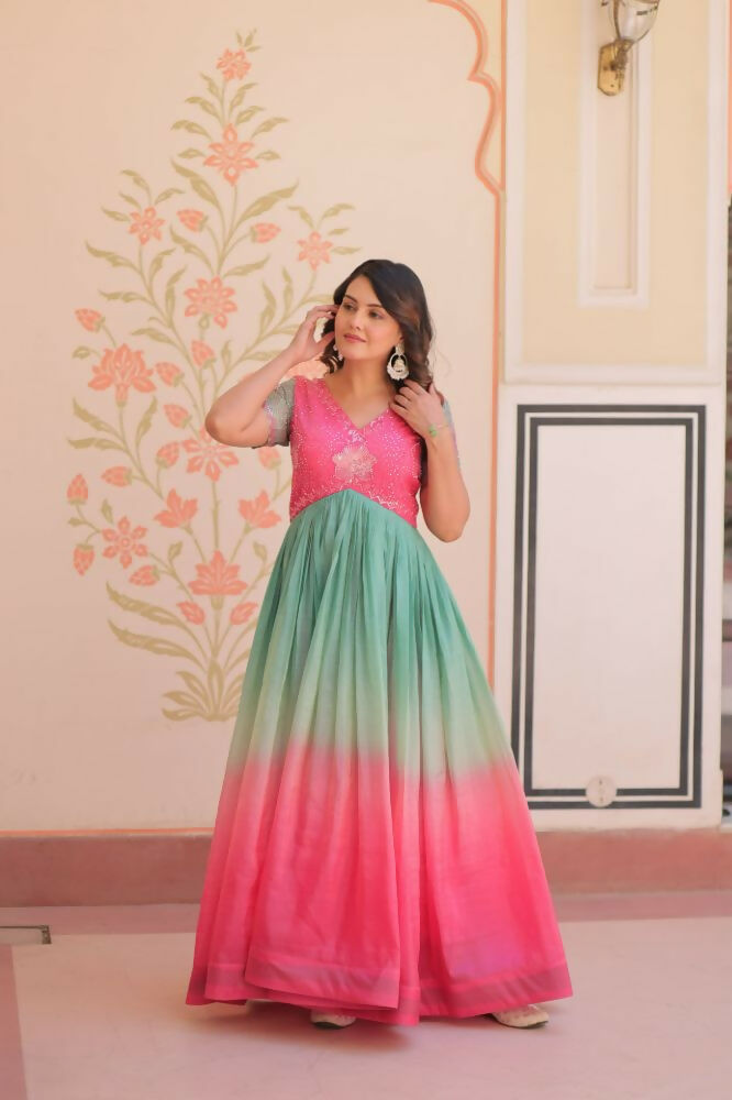 Vastranavya Pink Gold Crush Padding With Beads Embroidered Work Gown | Grocsy