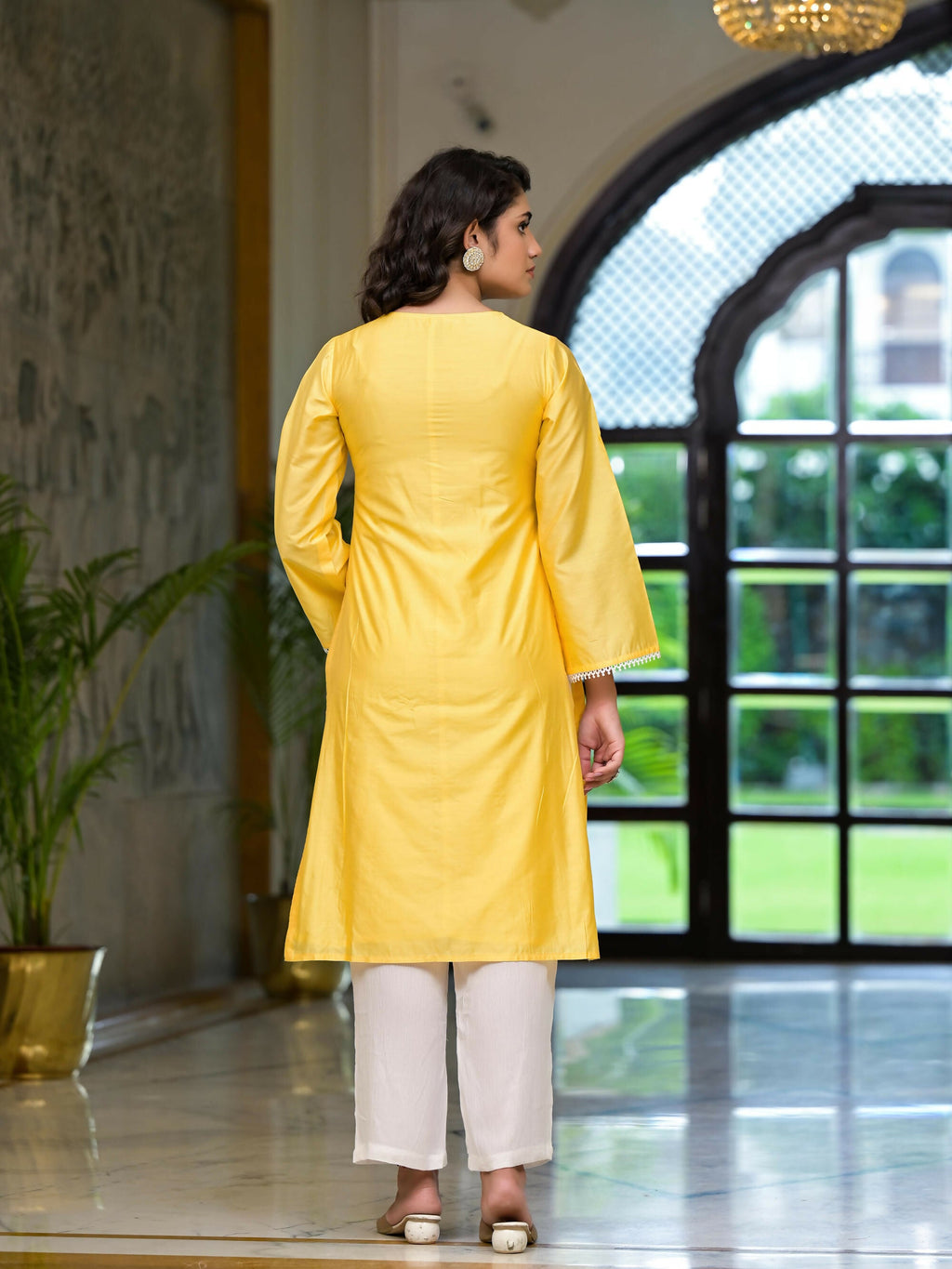 Juniper Women's Yellow Thread Embroidered Viscose Kurta Palazzo And Dupatta Set With Thread & Mirror Work | Grocsy