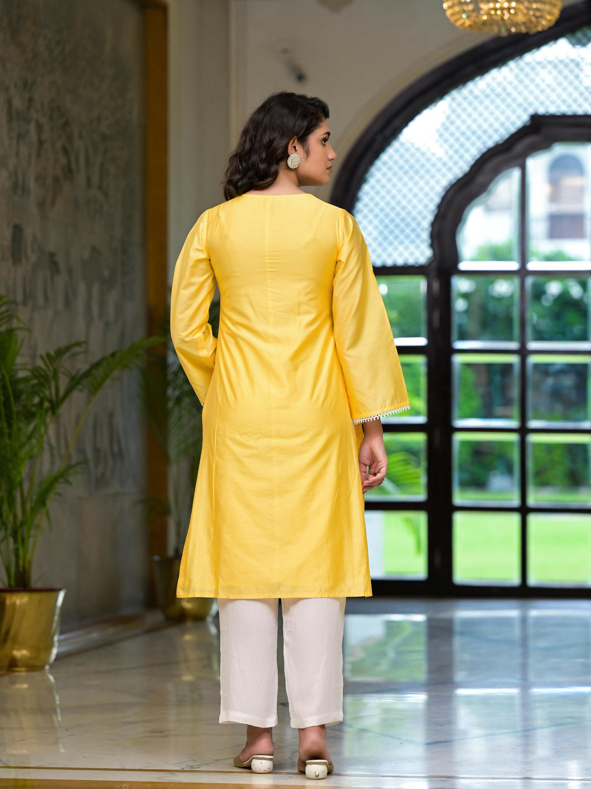 Juniper Women's Yellow Thread Embroidered Viscose Kurta Palazzo And Dupatta Set With Thread & Mirror Work | Grocsy