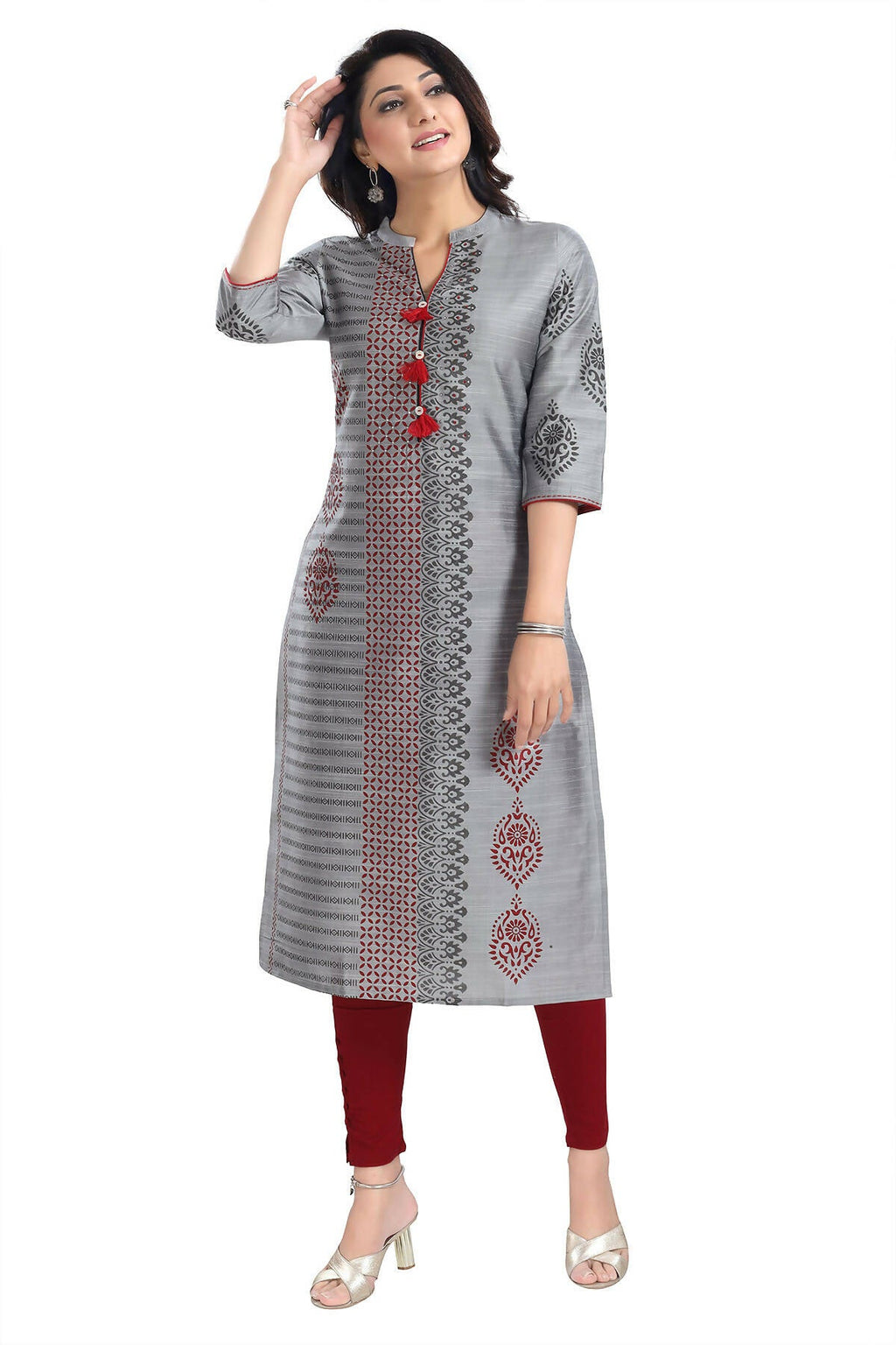 Snehal Creations Grey Raw Silk Block Print Long Kurta For Women | Grocsy