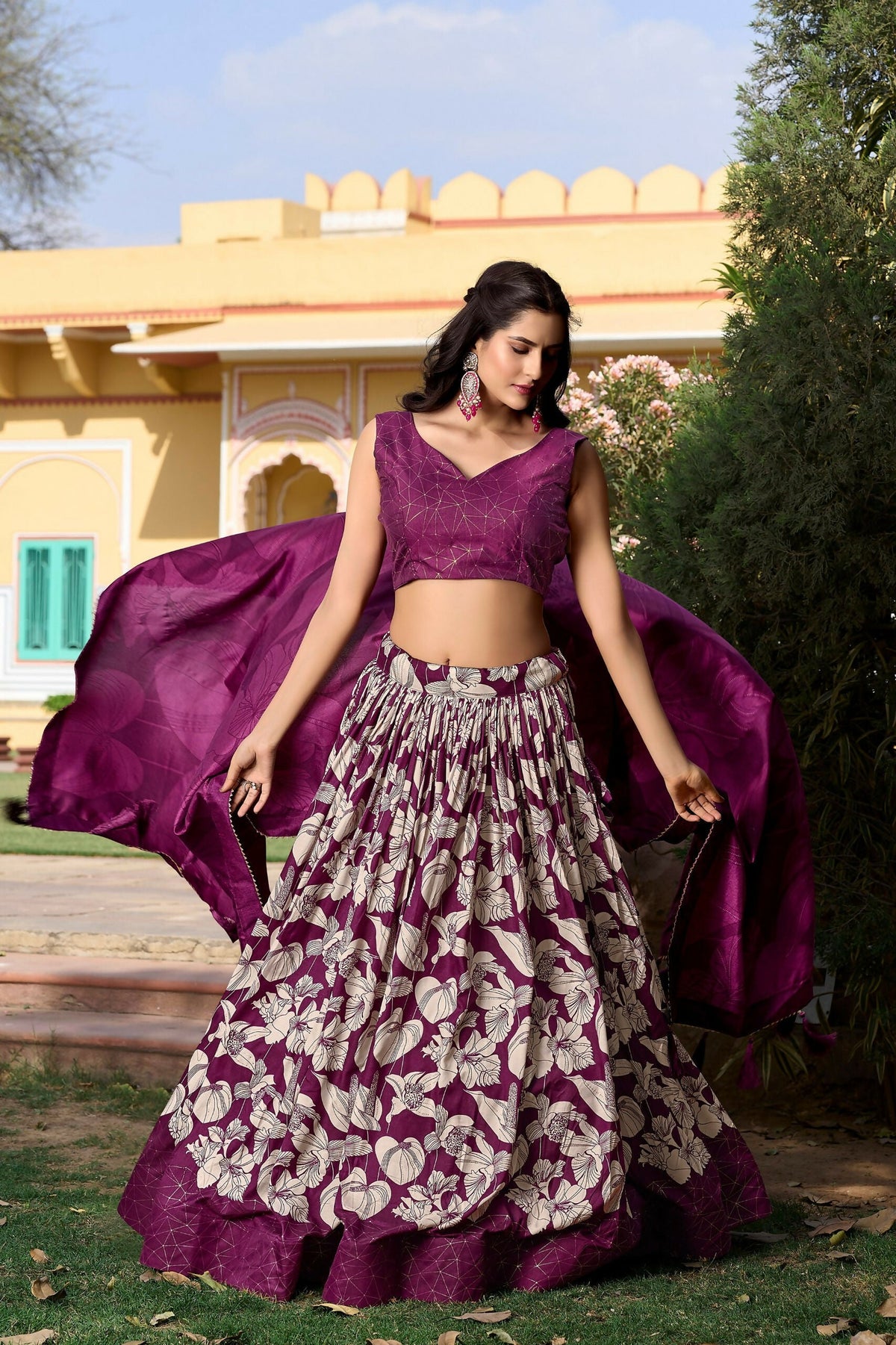 Vastranavya Ethnic Look Tussar Silk Floral Printed With Foil Work Indian Lehenga Choli - Wine | Grocsy