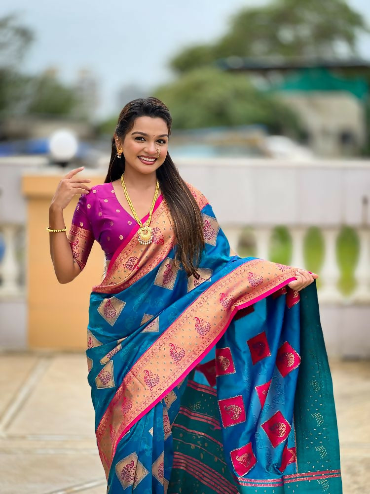 PR Fashion Firozi Soft Banarasi Silk With Zari Weaving Meenakari Design Saree | Grocsy