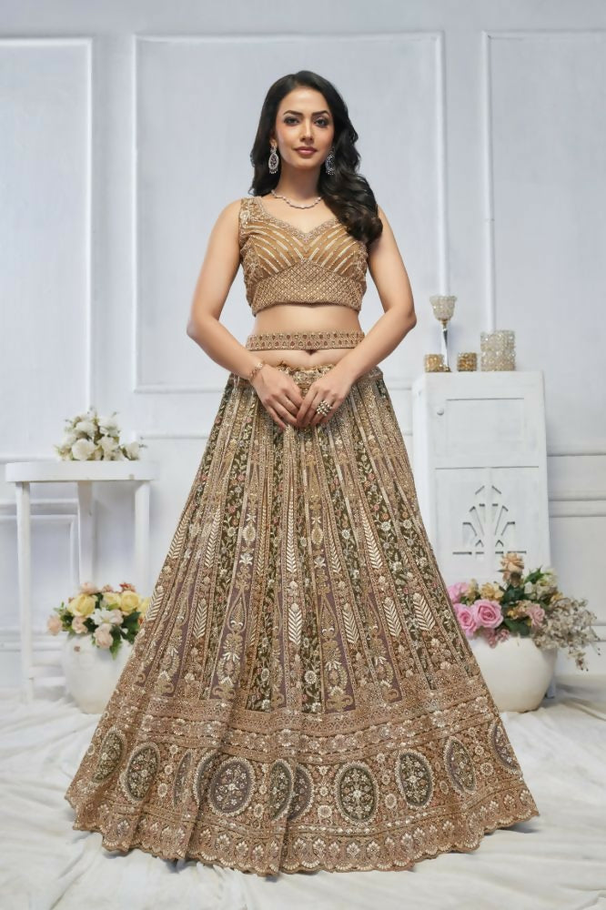 Kesar Fab Brown Net Embroidered Lehenga | Grocsy