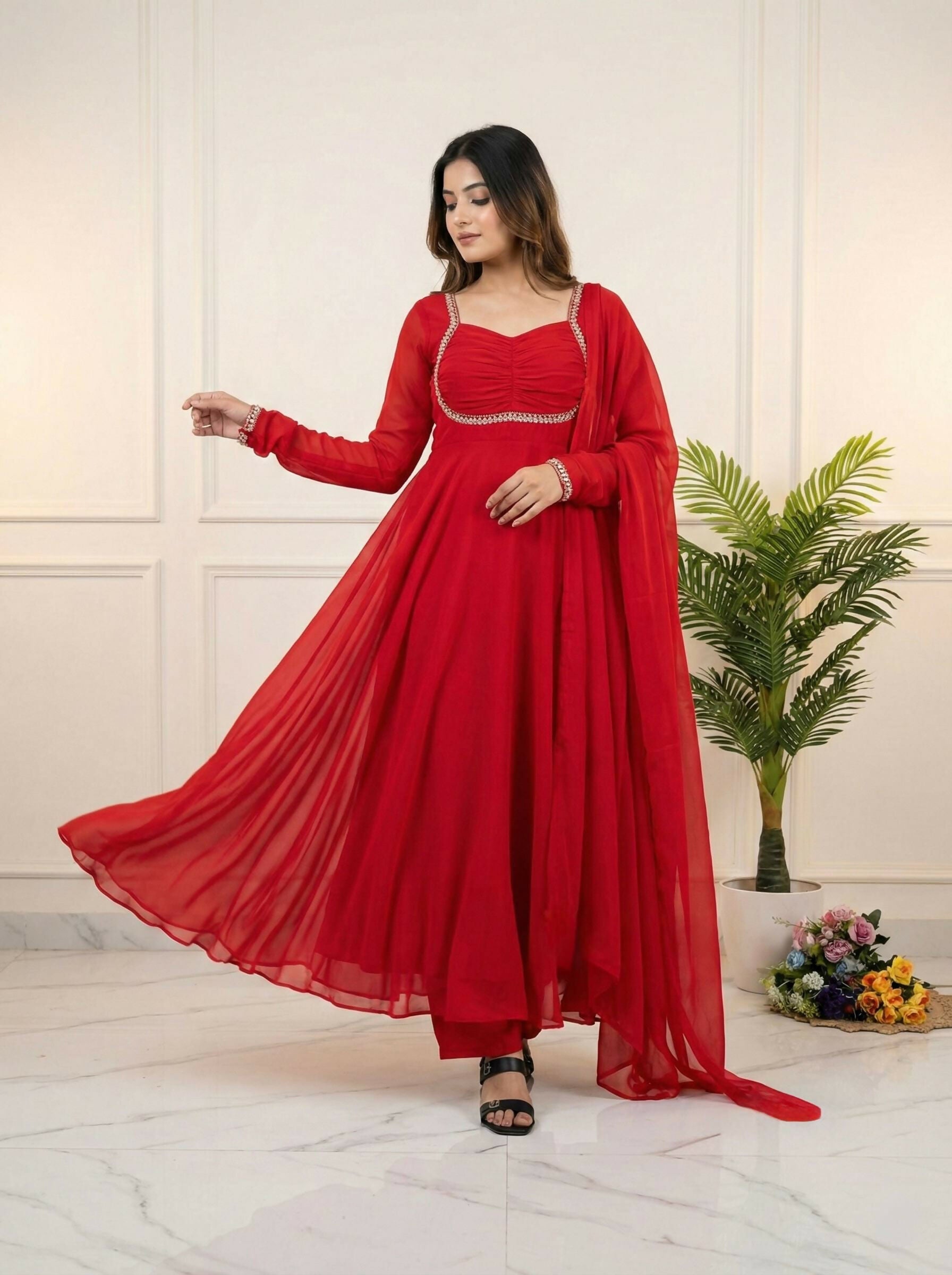 Teeya Creation Womens New Fancy Fox Georgette Heavy Quality Fabric With Handwork Red Gown Set | Grocsy