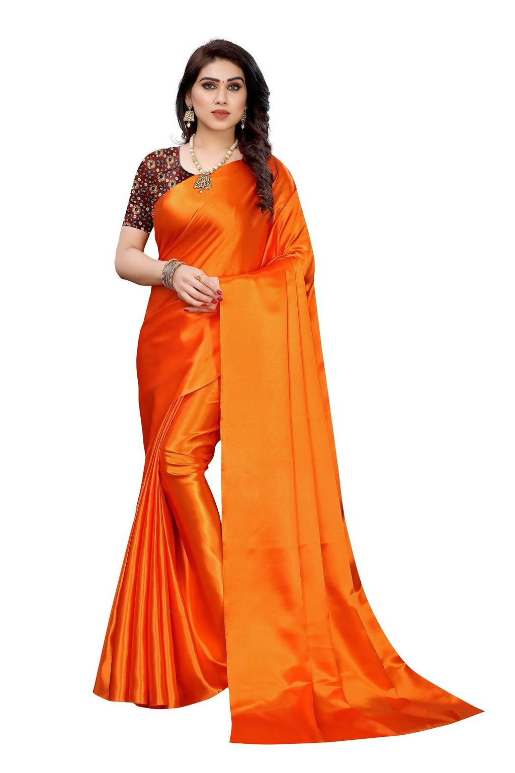 Vamika Plain Orange Satin Saree (SATIN GLORY ORANGE) | Grocsy